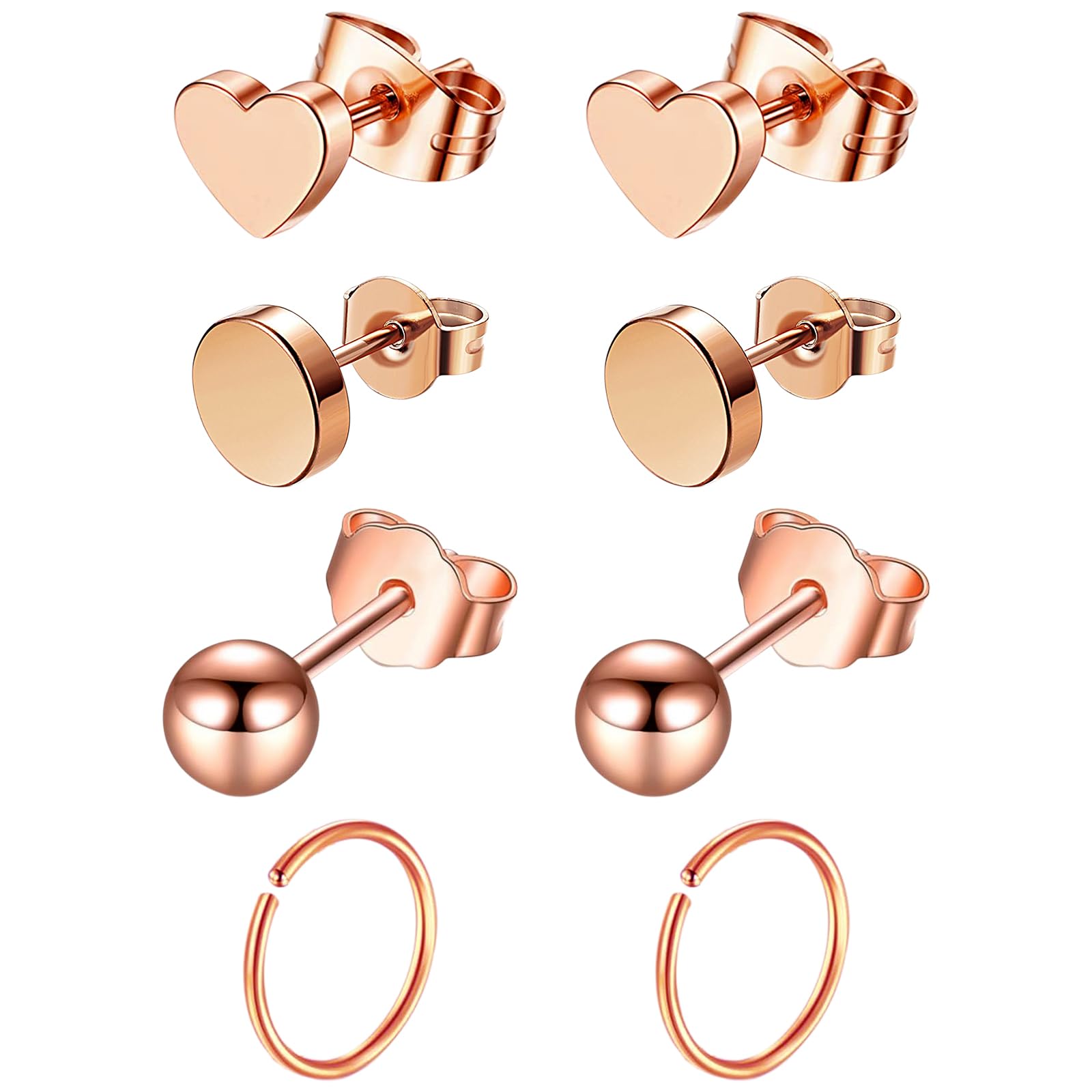 JewelryWe Ohrringe Set Damen in Rosegold: 4 Paar Edelstahl Herz Kreis Rund Kugel Gestüt Ohrstecker Klein Huggie Creolen Ohrclips Hypoallergene Ohrringe für Frauen Teenager Mädchen