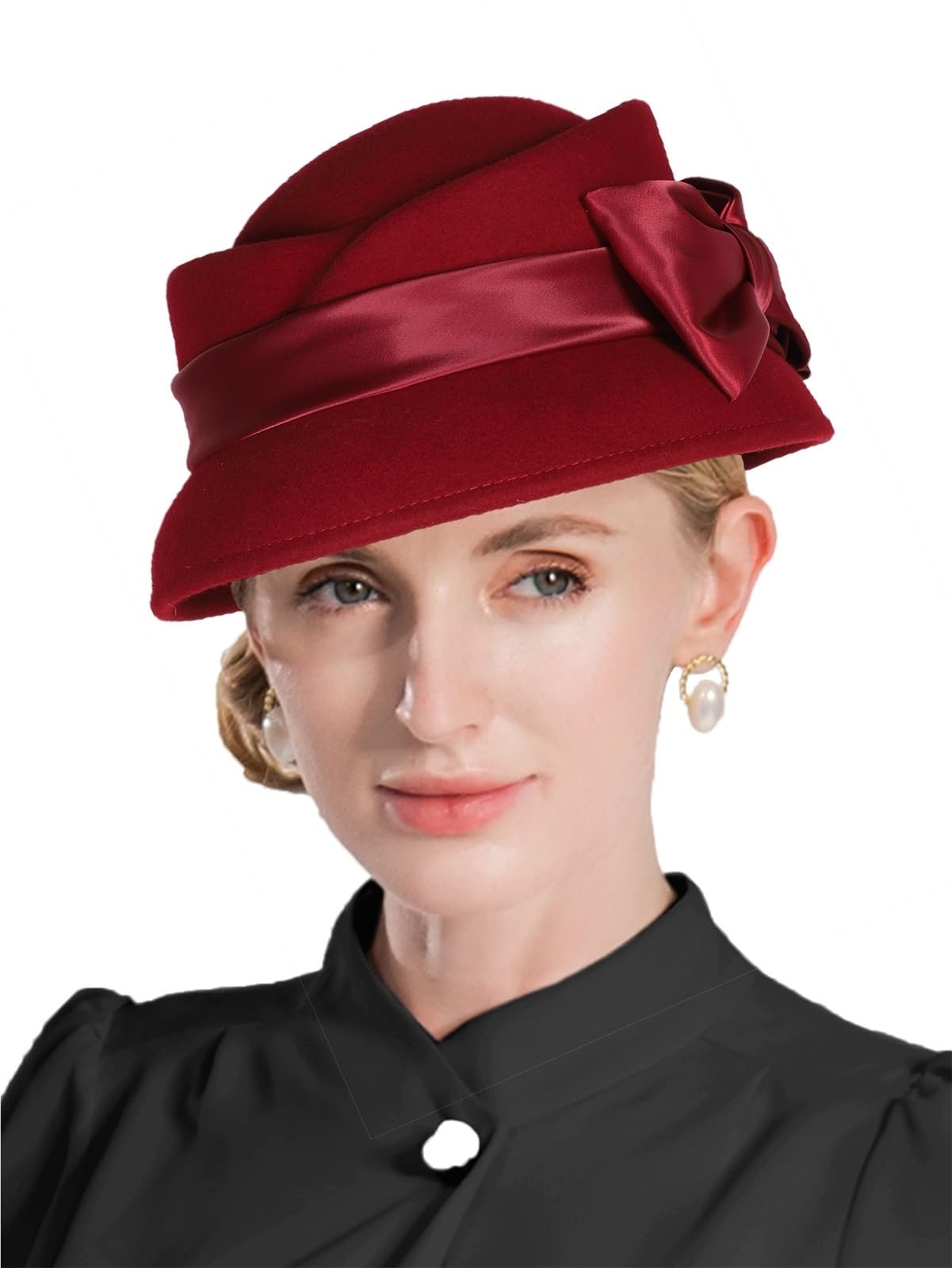 Bombetta Donna Elegante Cappello Fedora in Feltro di Lana | Con nastro Bowknot Cappellino cloche da matrimonio formale in chiesa Cappellino da donna for cocktail tea party