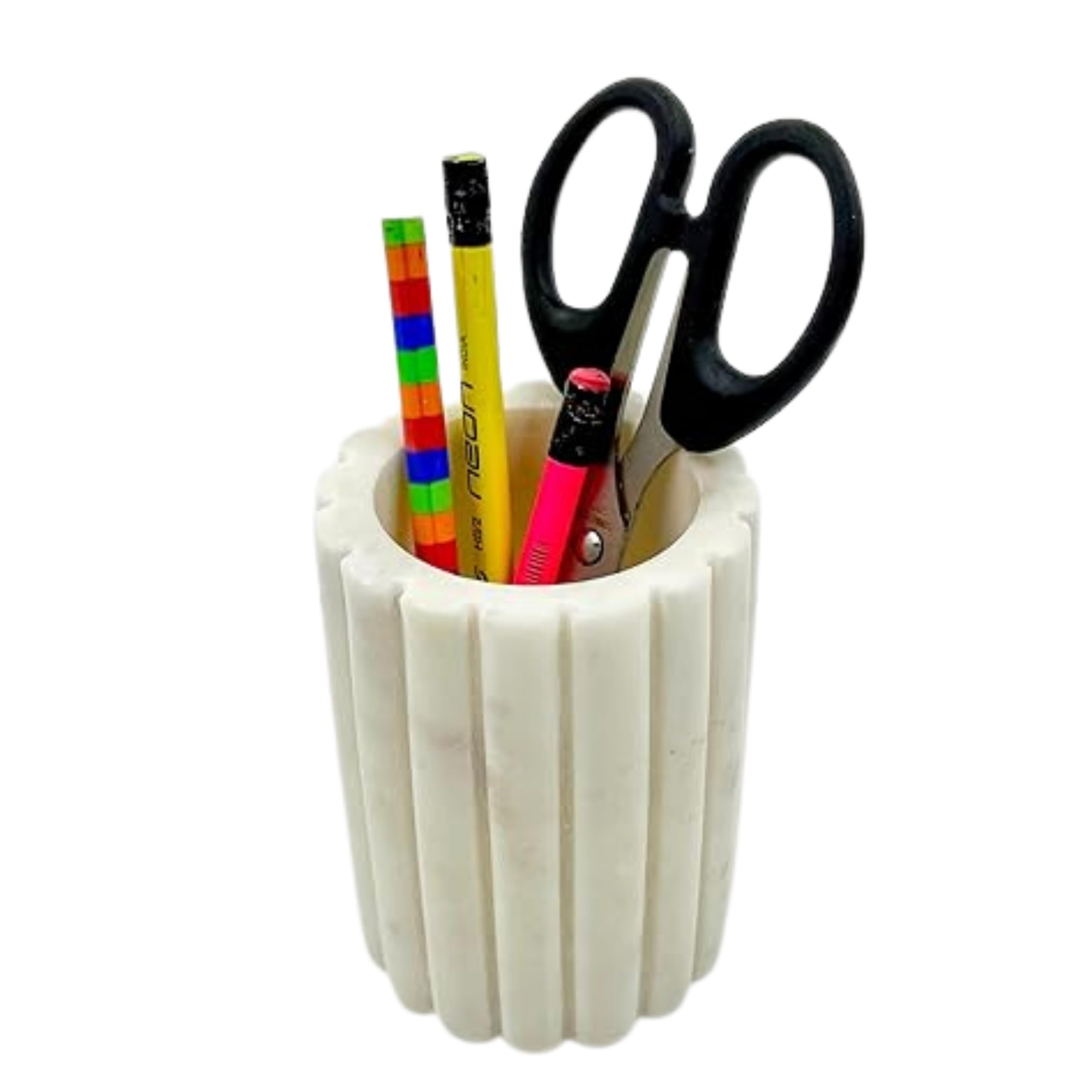 Décor Envogue Natural Scalloped White Marble SPA Collection Tumbler Toothbrush Holder Marble Pencil Pen Holder Stand for Desk, Makeup Brush Cup for Girls, Bathroom Tumbler Cup, Durable Office & Home