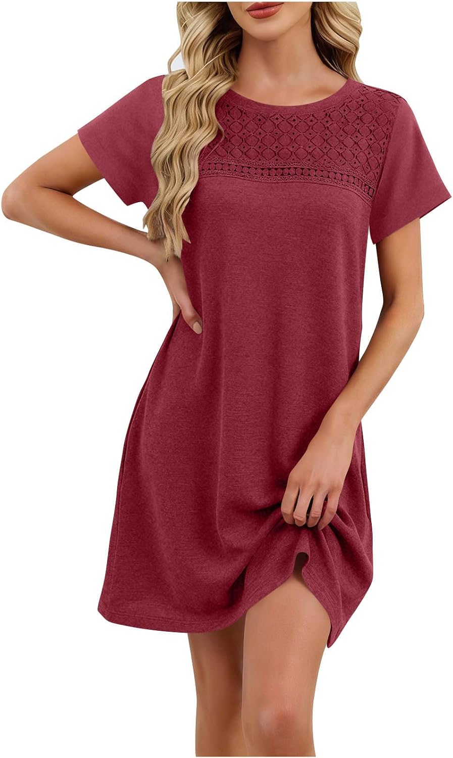 Women's Summer Lace T Shirt Dress Short Sleeve Casual Crew Neck Mini Dresses with Pockets Spring Vacation Outfits