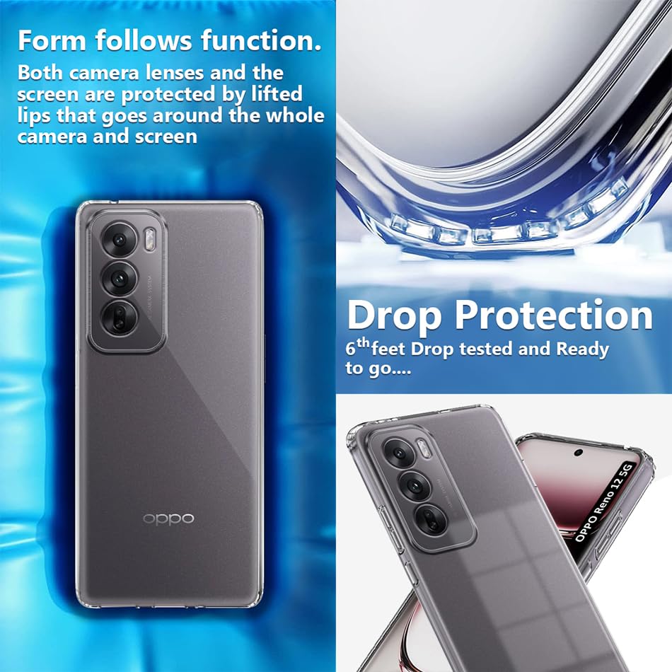 Image of Fashionury Crystal Clear Case for Oppo Reno 12 5G | Yellowing Resistance | Transparent TPU Silicone | Raised Camera Lips | Slim Transparent Cover