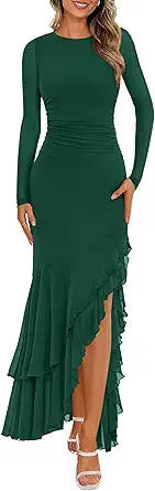 BTFBM Women's Maxi Dresses Fall 2025 Long Sleeve Ruched Bodycon Solid Ruffle Mermaid Cocktail Wedding Guest Dress