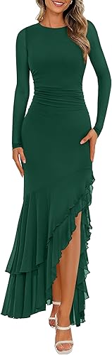 BTFBM Women's Maxi Dresses Fall 2025 Long Sleeve Ruched Bodycon Solid Ruffle Mermaid Cocktail Wedding Guest Dress