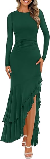 BTFBM Women's Maxi Dresses Fall 2025 Long Sleeve Ruched Bodycon Solid Ruffle Mermaid Cocktail Wedding Guest Dress