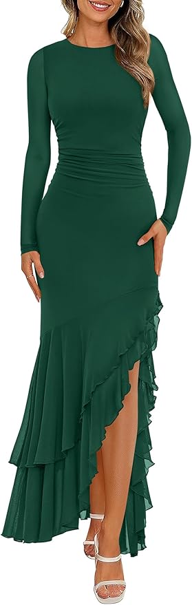 BTFBM Women's Maxi Dresses Fall 2025 Long Sleeve Ruched Bodycon Solid Ruffle Mermaid Cocktail Wedding Guest Dress