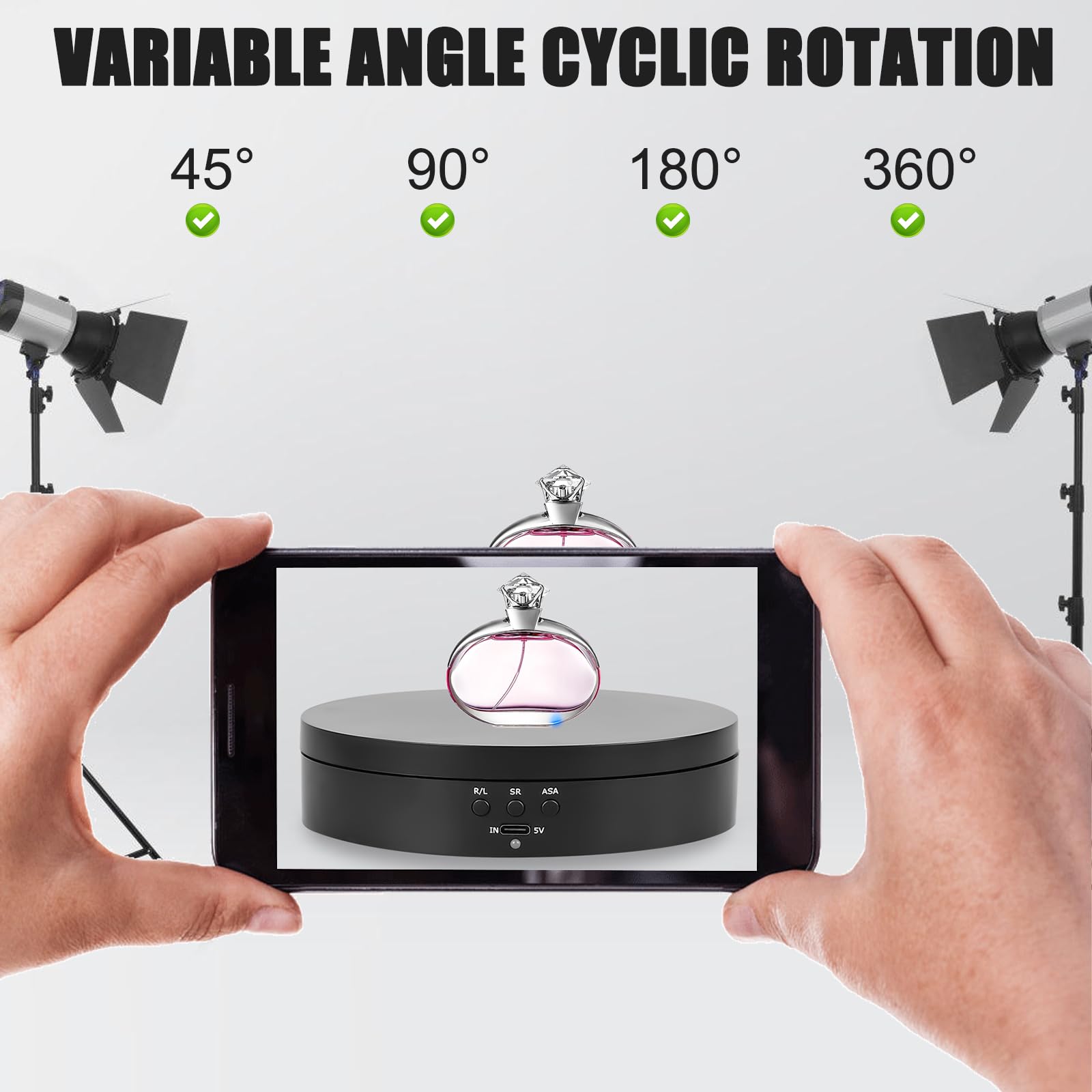 Elettrico: supporto per display girevole da 13,8 cm per fotografia, piattaforma di rotazione automatica a 360°, 3 velocità, ricarica USB