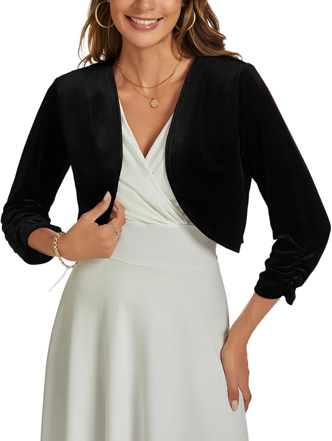 MINTLIMIT Velvet Shrug for Women's Ruched 3/4 Sleeve Open Front Cardigan Elegant Cocktail Party Cropped Bolero Jacket - Image 2