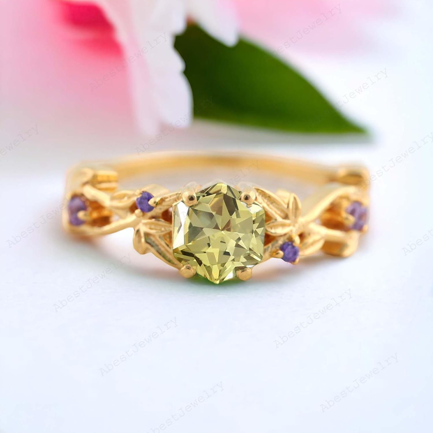 Vintage Hexagon Cut Peridot Amethyst Leaf Engagement Ring Dainty Twisted Promise Ring Unique Yellow Gold August Birthstone Wedding Ring Gift BY ABESTJEWELRY