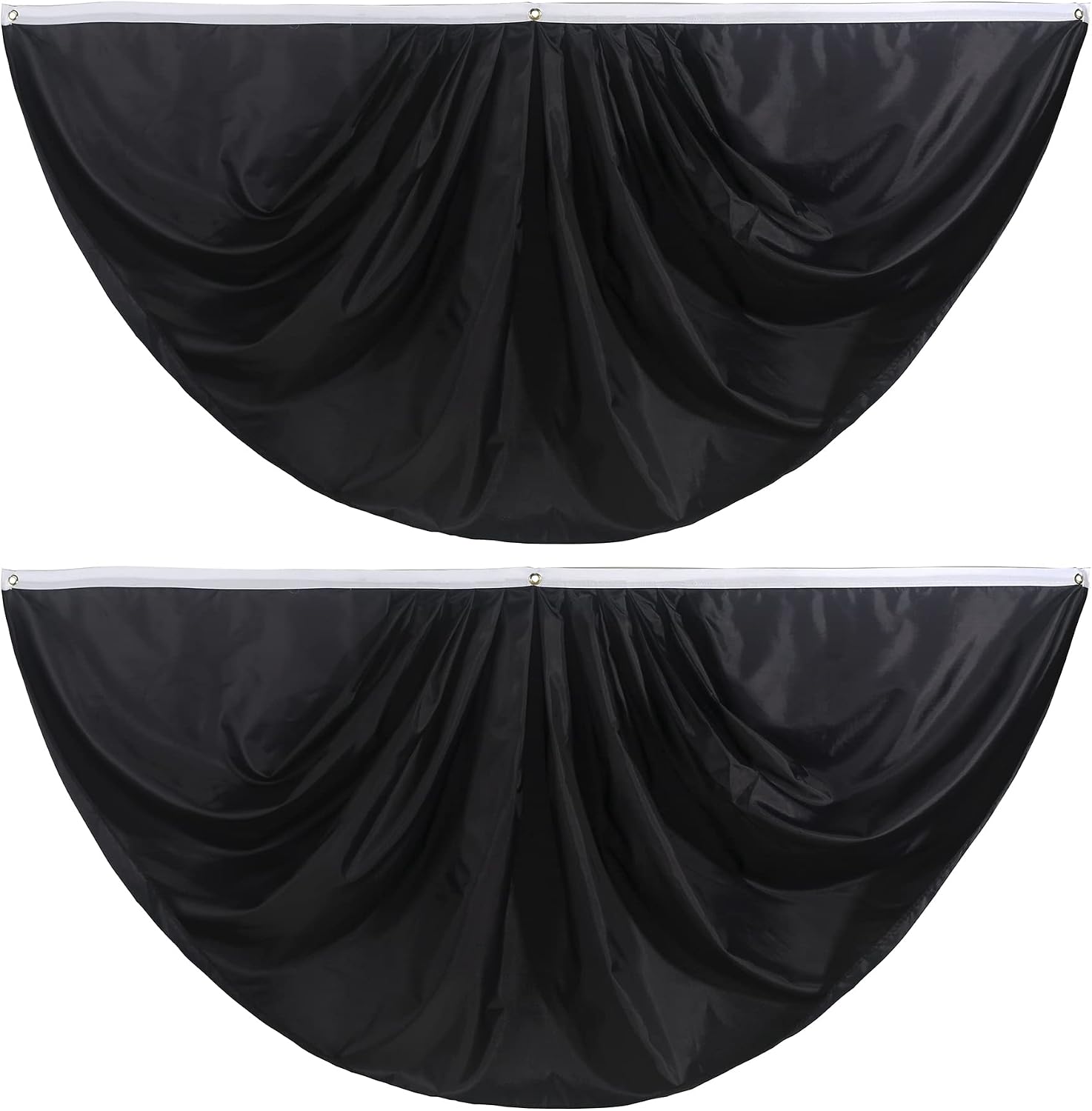 Black Pure Solid Colour Pleated Fan Flag Bunting 3 x 6 Ft 2 Pcs Banner Indoor/Outdoor/Front Porch Decorations, Half Flag Patriotic Holiday Celebrations