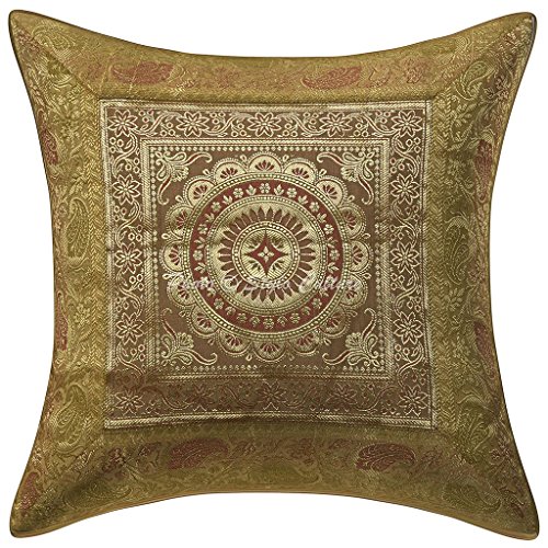 Stylo Culture Indisch Baumwolle Ethnische Kissenbezug Brokat Selbst Design 40 x 40 Zierkissenbezüge Gold Blumenkissen Tasche Cover