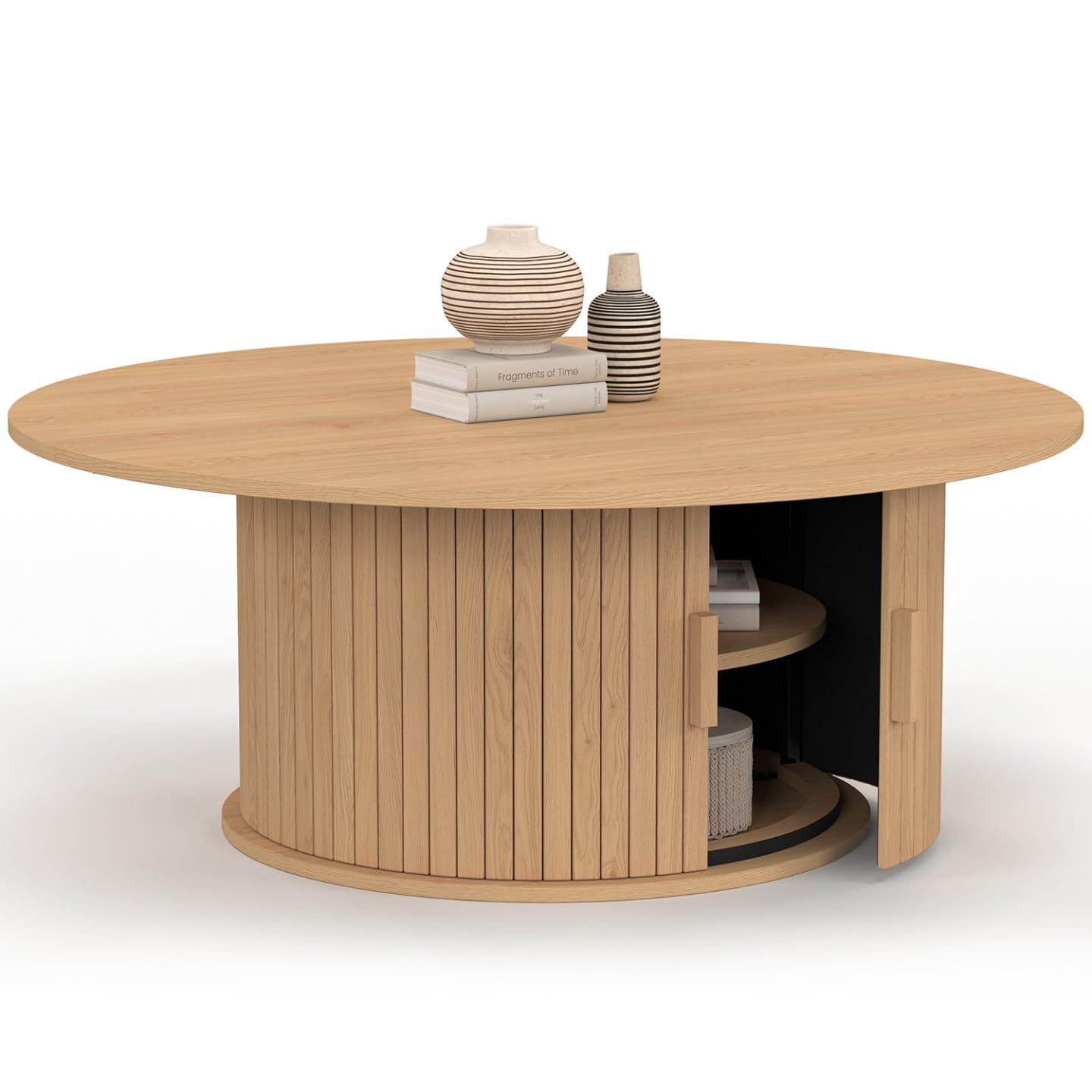 IDMarket - Table Basse Ronde Juliette 100 cm avec Rangement Lattes Bois