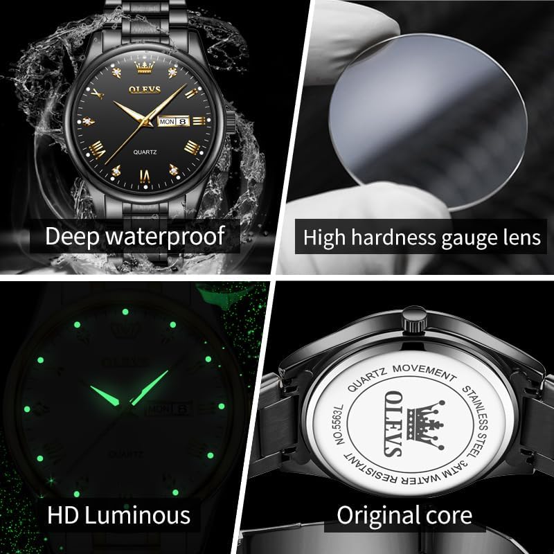 Men's Casual Stainless Steel Watch, Big Face Round Analog Quartz Watch with Day and Date, Classic Waterproof Simple Dial Dress Watch for Men, Gold Silver Black Band - Image 5