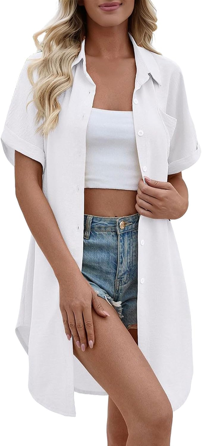 Womens Shirts Cover Ups Short Sleeve Button Down Shirt Cover-up Casual Loose Fit Summer Tops Dress with Pockets