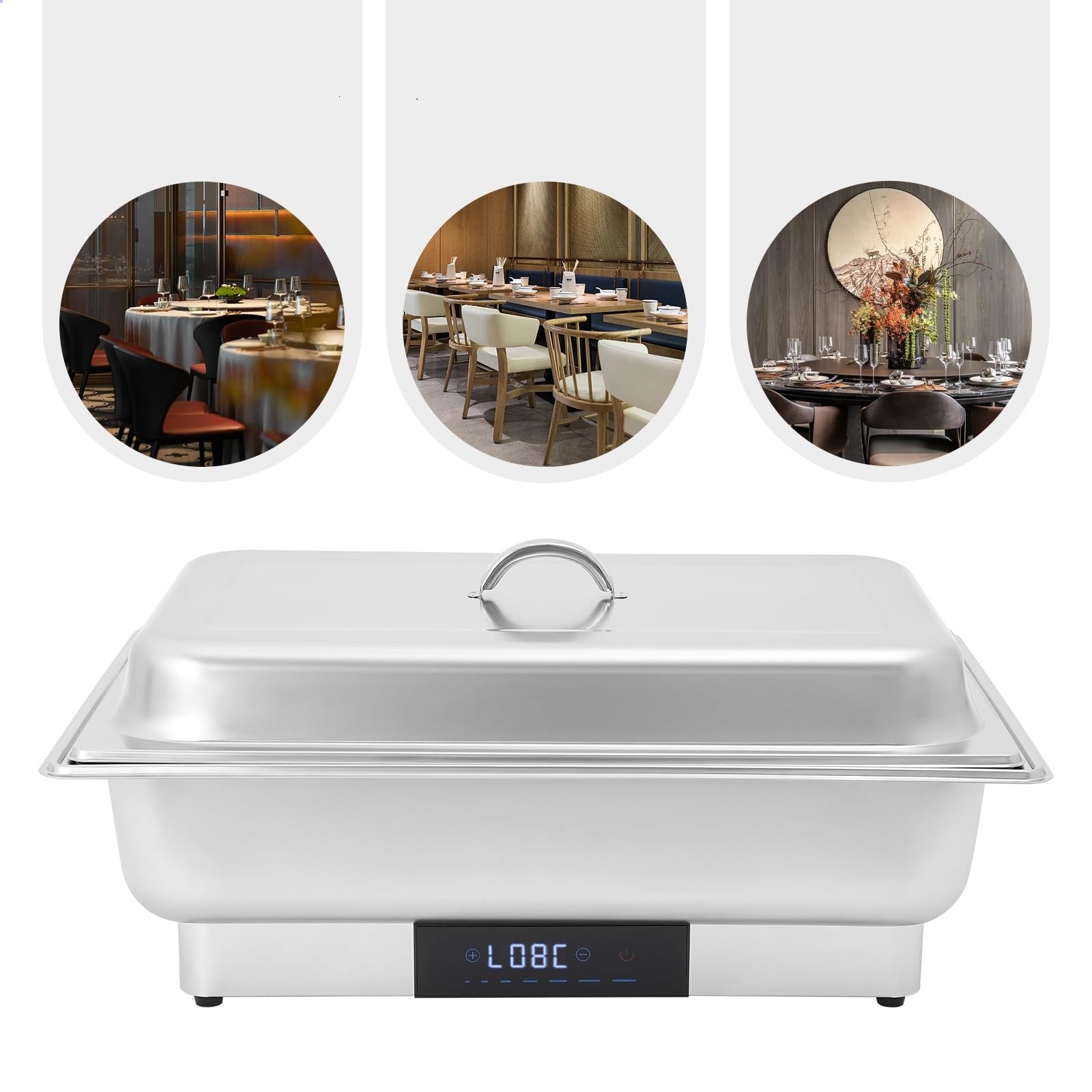 Calentador de buffet eléctrico, calentador de alimentos, buffet Chafing Dish, acero inoxidable, con control de temperatura para catering y buffet, 600 W, 9 l, para platos fríos y calientes