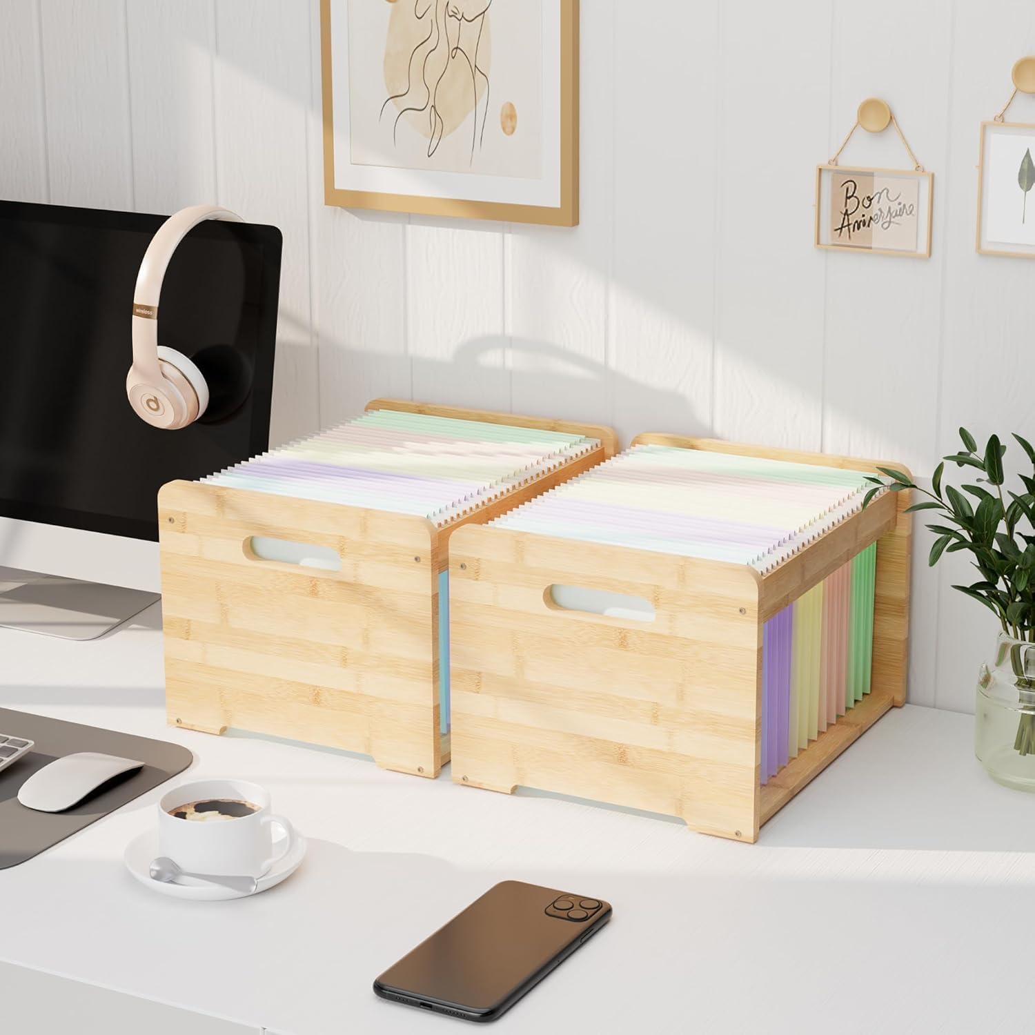 2 Pack Bamboo Hanging File Organizer, Office Desk File Organizer for Letter Size, Wood Hanging File Folders Organizer Record Holder Storage Stand Bookshelf Easy Assembly for Home, Natural