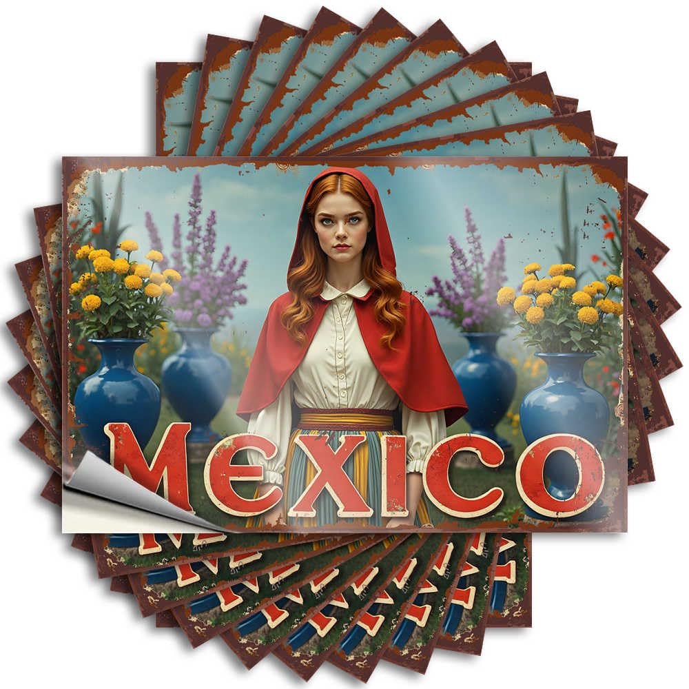 Room Decore Motorcross Decals - Colorful Mexico: A Woman in Traditional Dress Amidst Vibrant Flow Hard Waterproof Vinyl Sticker(8X12CM)