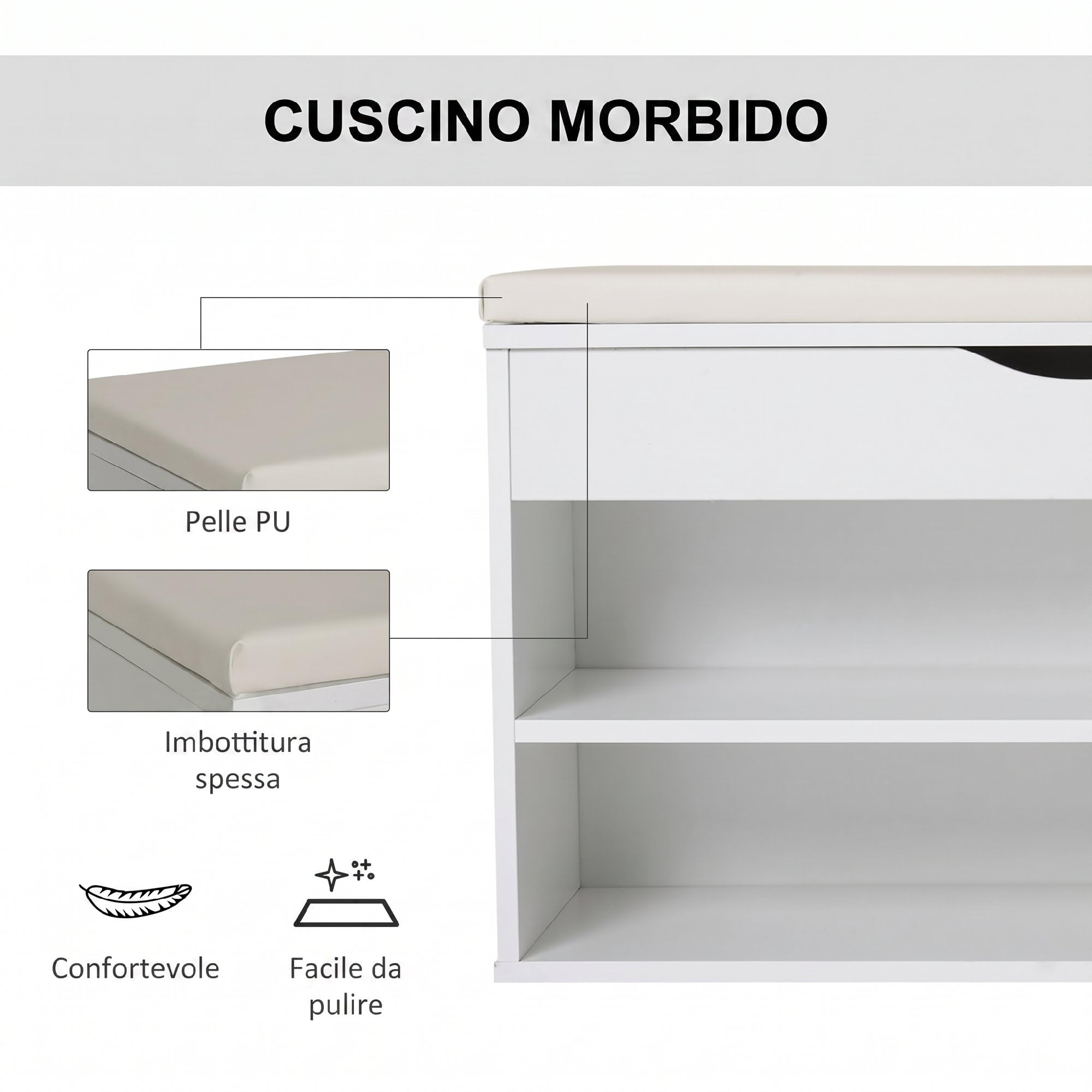 HOMCOM Panca Scarpiera da Ingresso, Scarpiera Salvaspazio Slim con Seduta Imbottita Ribaltabile e Ripiani Aperti, per Ingresso Corridoio, 80x30x47cm, Bianco
