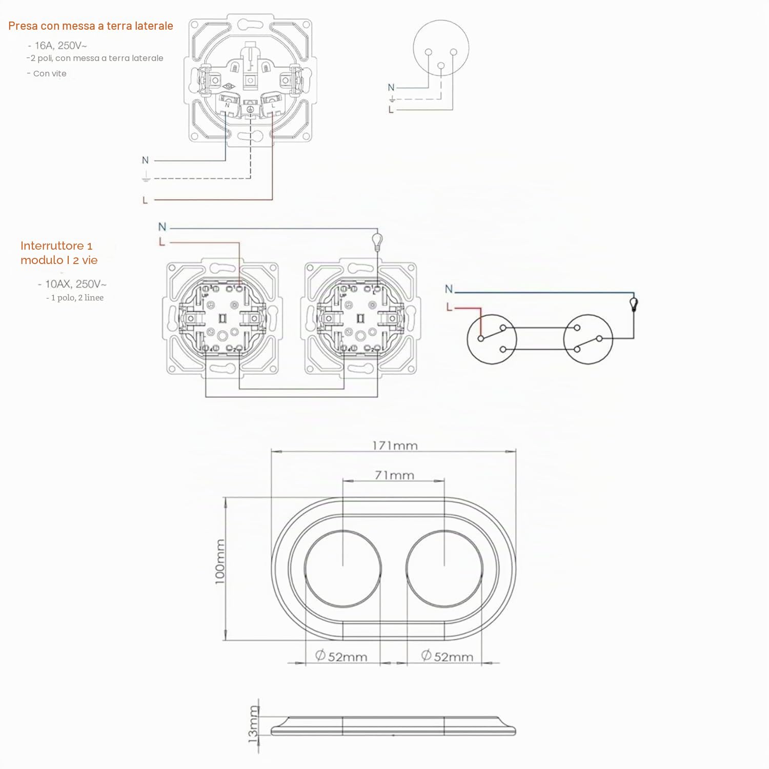 Presa da incasso in porcellana retrò, interruttore, 2 ingressi, All-in-One, set serie PR1 bianco