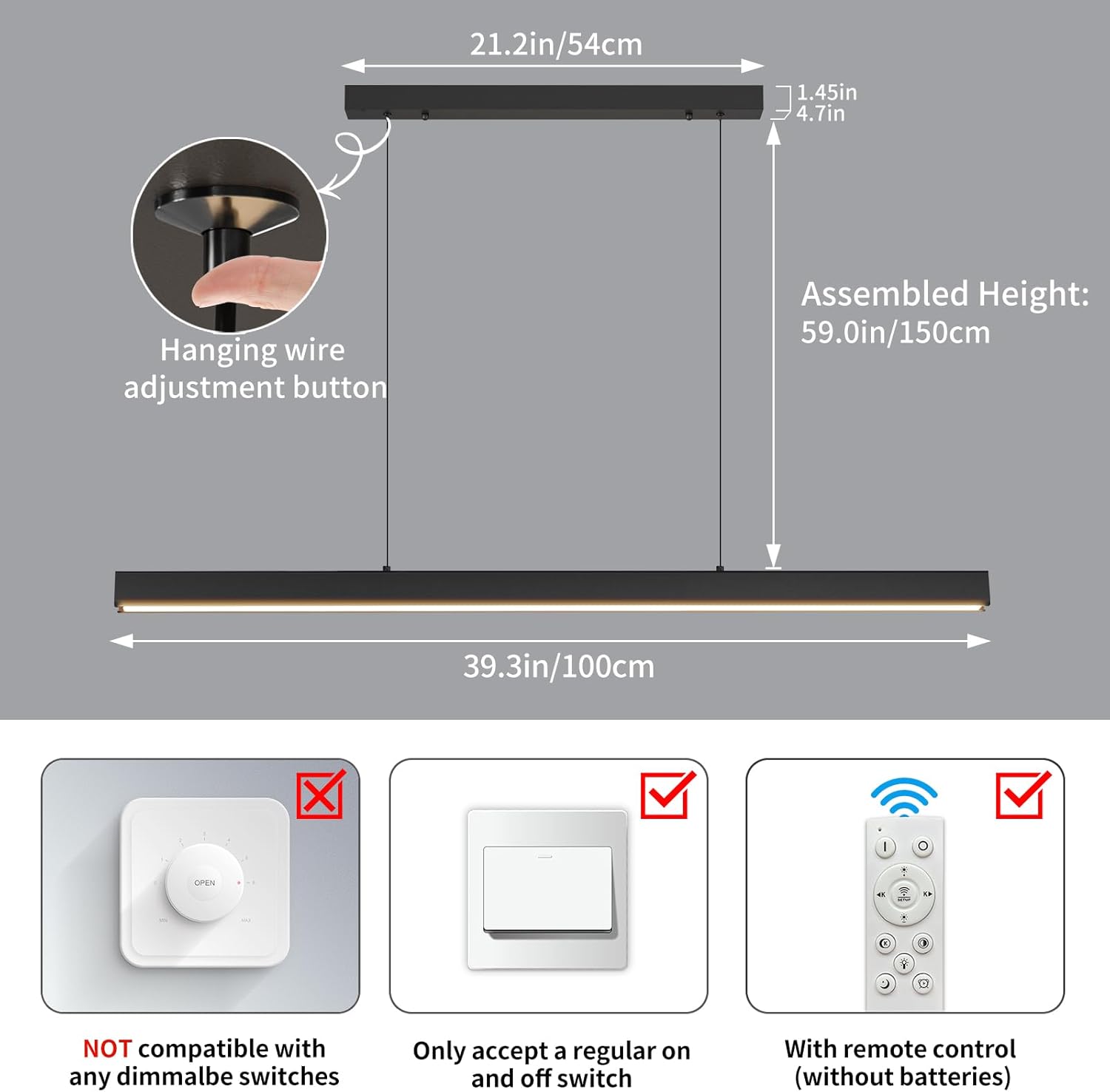 Modern LED Linear Pendant Light, 39IN Ceiling Chandlier Light Fixtures Hanging with Remote Control 3000k-6500K Adjustable Color Temperature Island Light for Dining Room, Kitchen