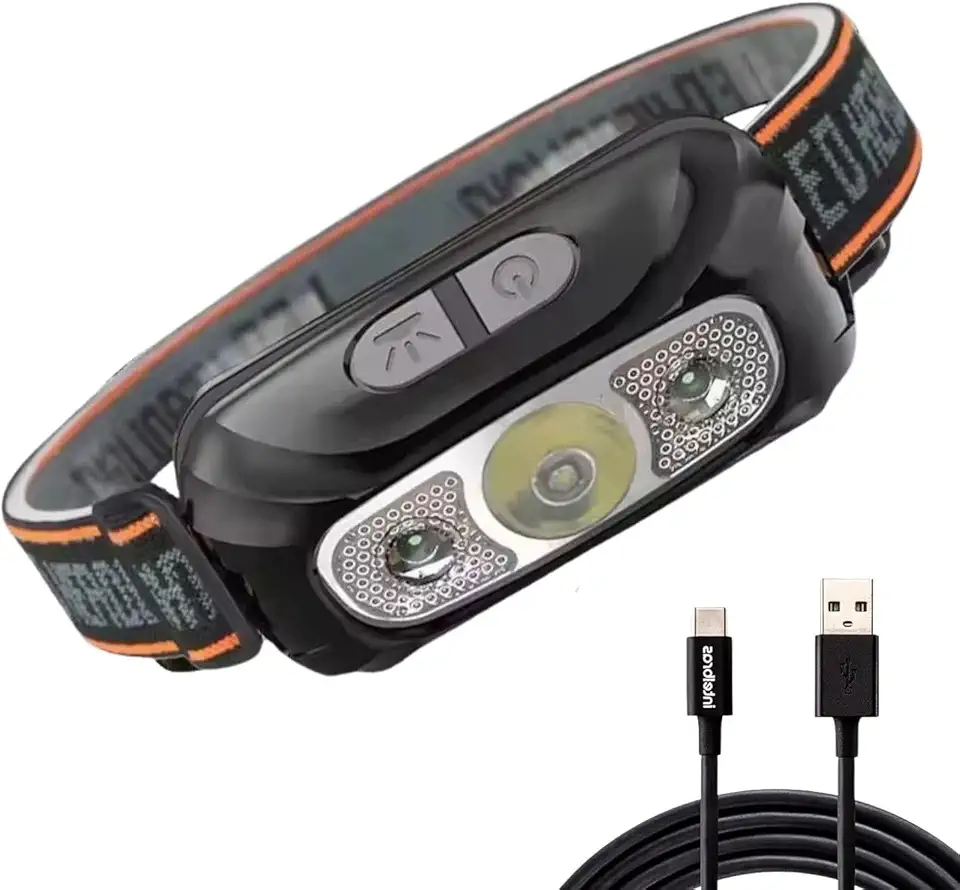 Lanterna de Cabeça LED - Recarregável USB, Resistente à água, Sensor de Movimento Mãos Livres e Controle de Intensidade, Potente e Leve. Ideal para Corrida, Camping, Mecânica e Trilha