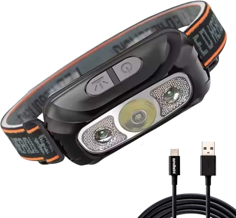Lanterna de Cabeça LED - Recarregável USB, Resistente à água, Sensor de Movimento Mãos Livres e Controle de Intensidade, Potente e Leve. Ideal para Corrida, Camping, Mecânica e Trilha
