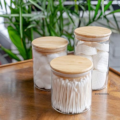 Miniatura 5 de Bambooware Contenedores de almacenamiento de vidrio con tapas, organización de cocina, organización de despensa, juego de 3 botes, tarros de vidrio