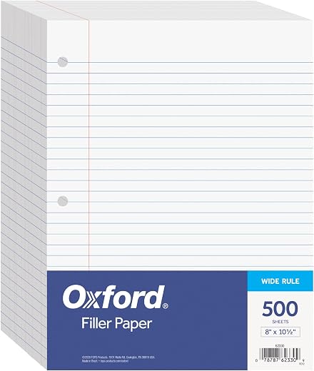 Epic Oxford Filler Paper, 8 x 10-1/2 Inch Wide Ruled Paper, 3 Hole Punch, Loose Leaf Notebook Paper for 3 Ring Binders, 500 sheets (62330), white