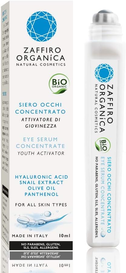 Zaffiro Organica BIO Roll on Eye Serum anti aging, for wrinkles and puffiness. With VITAMIN C, HYALURONIC ACID AND EXTRACT OF SNAIL SLIME ◦ immediate results| For men and women 10ml - Made in Italy