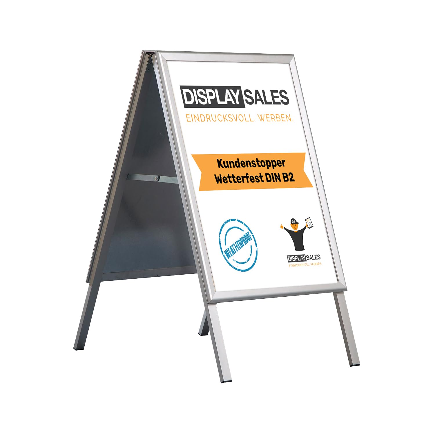 publicidad exterior a la intemperie B2 | porta carteles con perfil de 32 mm para carteles DIN B2 | caballete pizarra con orificios de drenaje de agua incl. 2 láminas PET