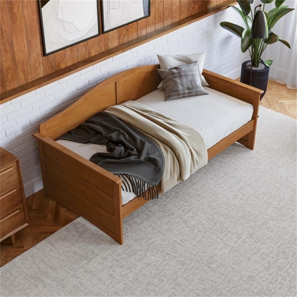 Pemberly Row Mid-Century Solid Wood Twin Daybed, Light Toffee Finish, 40 in L x 78.75 in W x 34.63 in H, Back Board Design, Sturdy Hard Wood and Veneer, Versatile Bed or Sofa for Kids or Guest Room