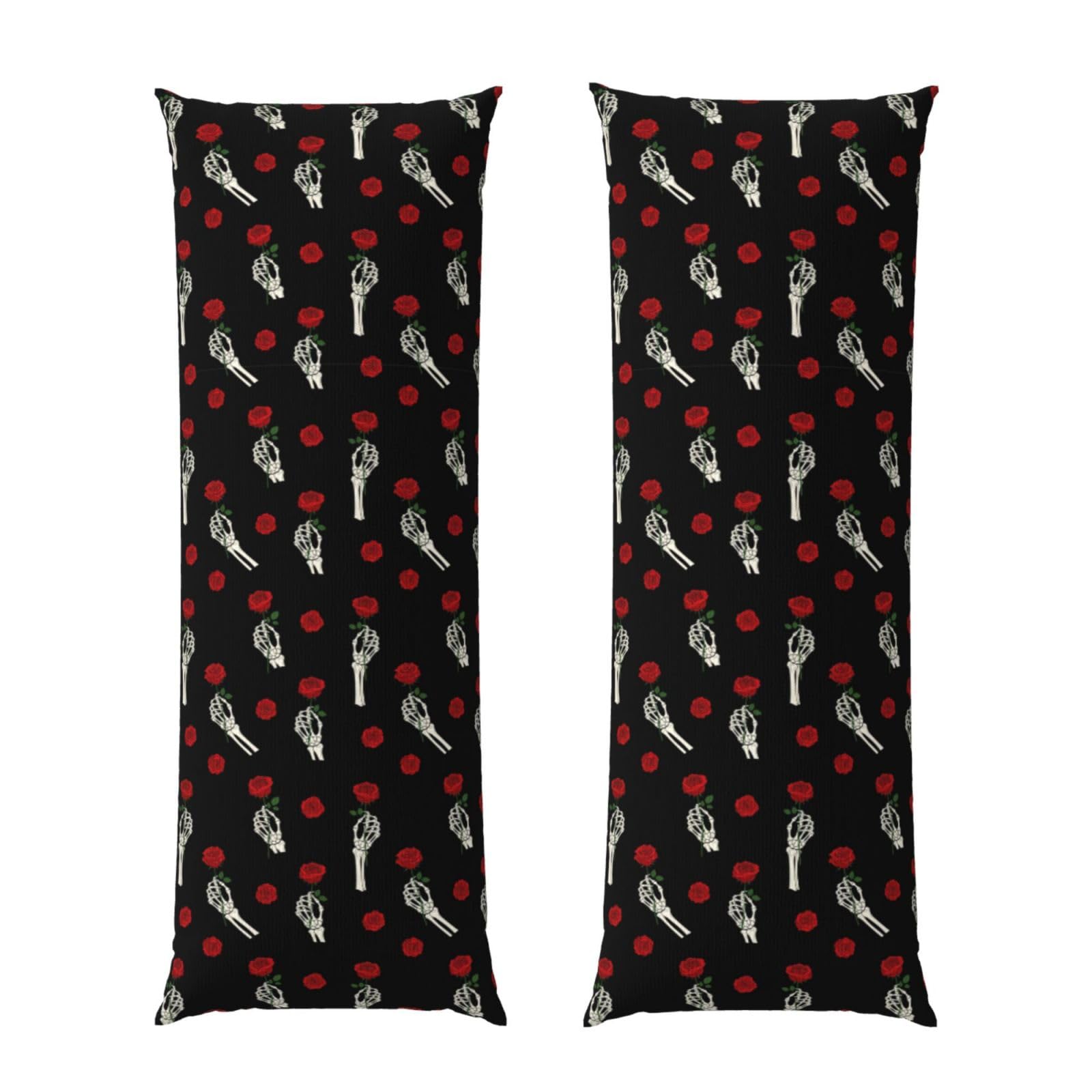 Body Pillow Cover 20x60 Goth Skull Love Skeleton Hand Holding Red Rose Black, Plush Flannel Long Pillowcase with Zipper, Soft Cozy Cushion Protector, Wrinkle Free for Bed Sofa Home