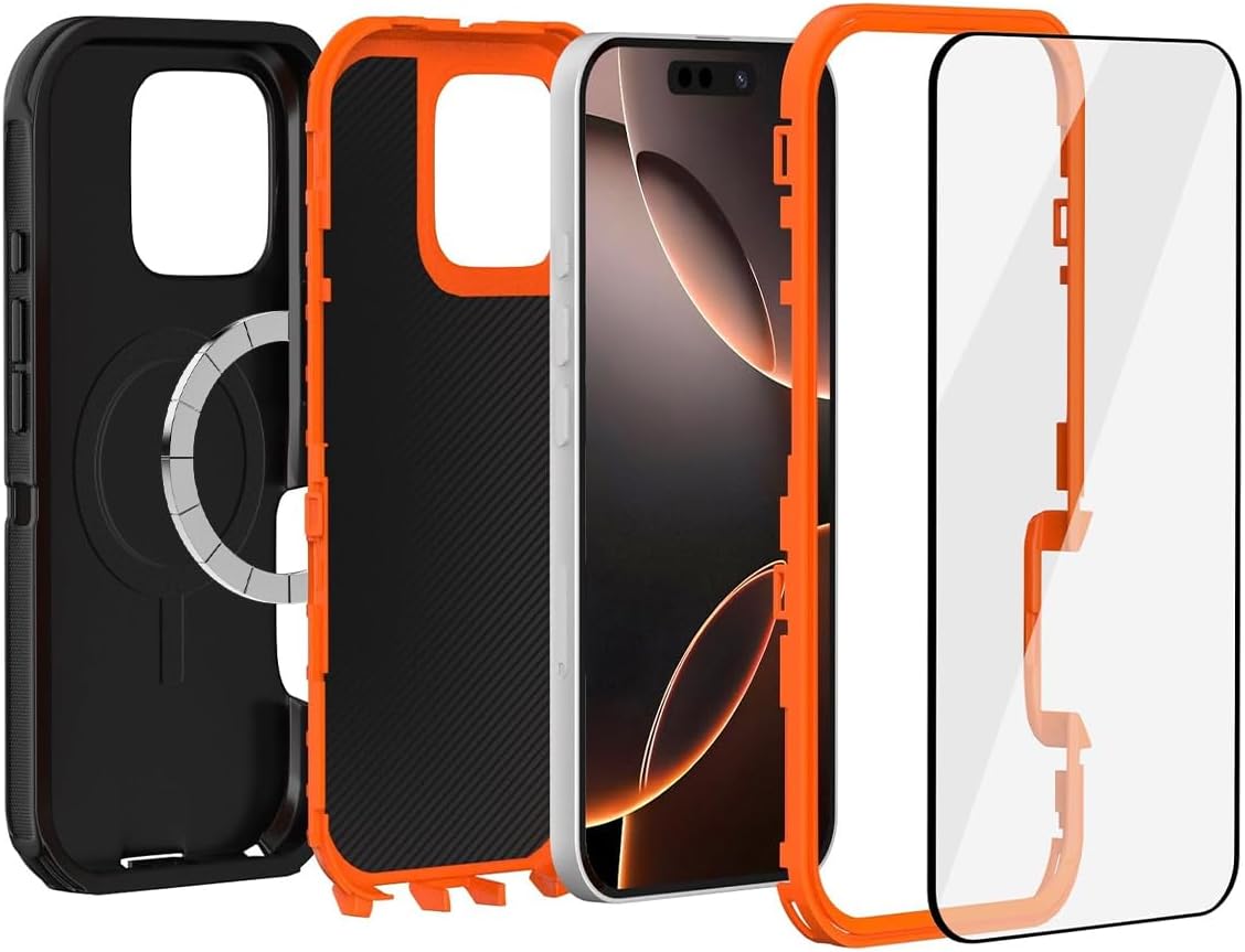 Magnetic Case for iPhone 16 Pro Max Heavy Duty Case with 2 Tempered Glass Protectors and Camera Lens Protector - Military Grade Shockproof, Black Orange - Image 3