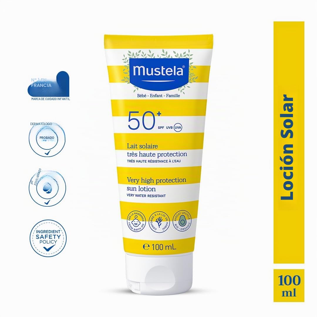 Mustela Leche Solar Spf 50, Rostro, Cuerpo, Con Perseosa de Aguacate, Bebés, Niños, Toda la Familia, Adecuada para el Embarazo - Muy Alta Protección contra los Rayos UVB y UVA (100ml)
