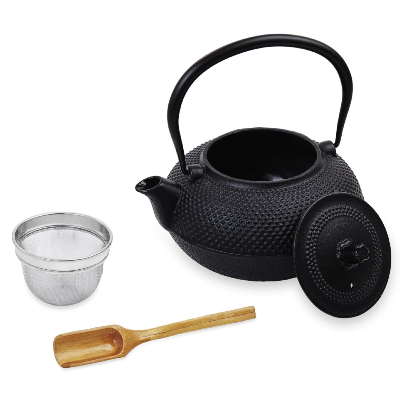 Lumaland Tetera en diseño Asia Hobnail | 1 x Tetera de Hierro Fundido (1,4 litros) 1x Cuchara medidora de bambú 1 x colador de Acero Inoxidable