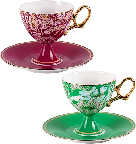 KAMMAK Juego de 2 tazas de café y platillos de cerámica, tazas de café de porcelana con platillos, 7.7 onzas, hechas a mano, floral, vintage, tallo