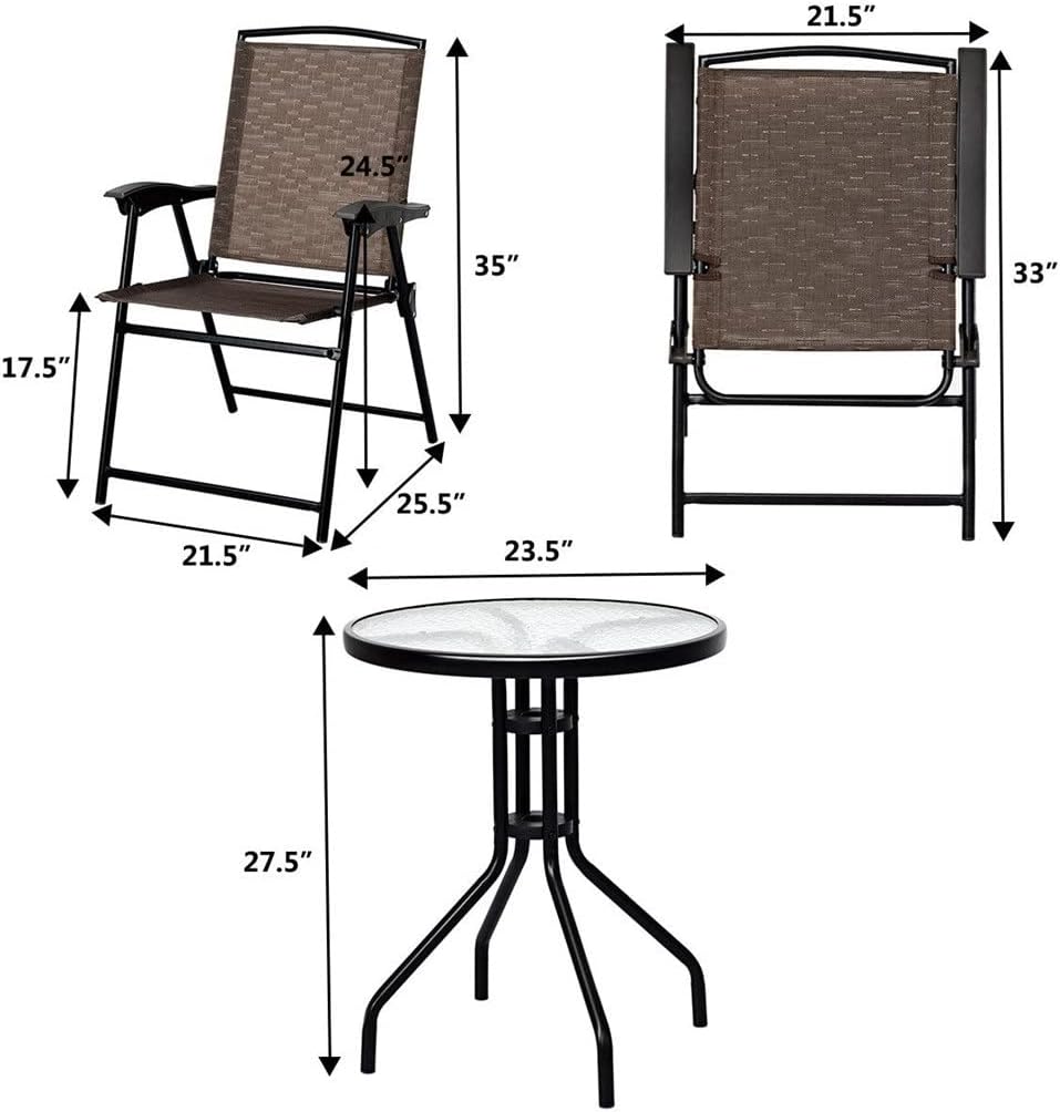 3PC Bistro Patio Garden Furniture Set 2 Folding Chairs Glass Table Round Steel Table