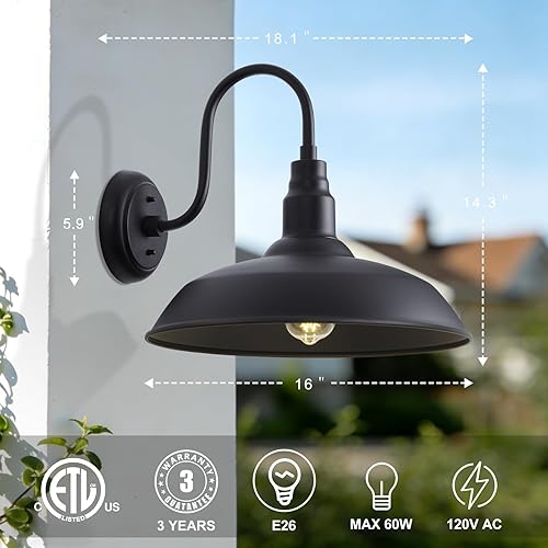 Miniatura 6 de Lámpara de cuello de ganso de 16 pulgadas para puerta de granero, paquete de 2 luces grandes de granero para porche delantero, luz negra de granja