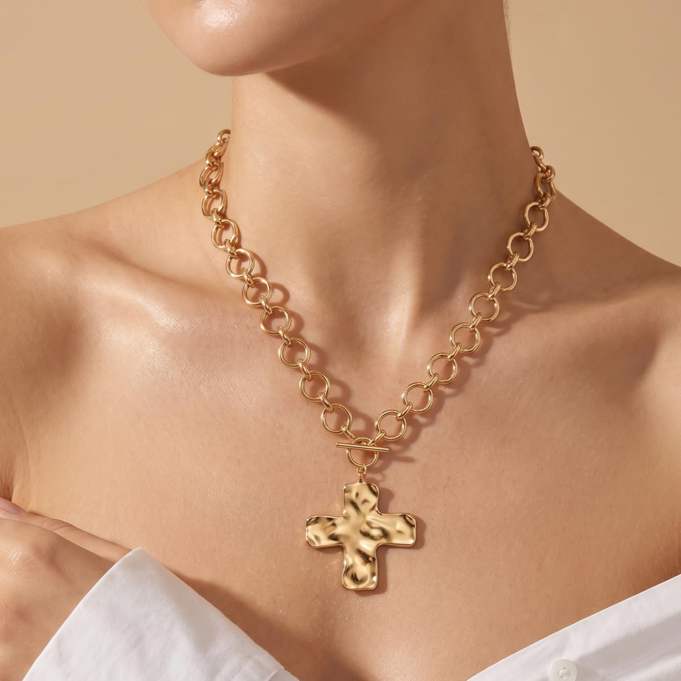 Chunky Cross Necklace for Women, Big Hammered Large Cross Pendant Necklace, Stainless Steel Non Tarnish Jewelry, Trendy Maximalist Gift for Daily Wear/Party – Vintage Statement Piece for Her
