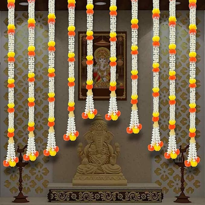 Image of iHandikart Decorative Artificial Flower Strings, Pack of 4 White & Yellow Garlands for Door, Wedding, Diwali, Pooja Room & Festival Decoration Size (58 Inch)
