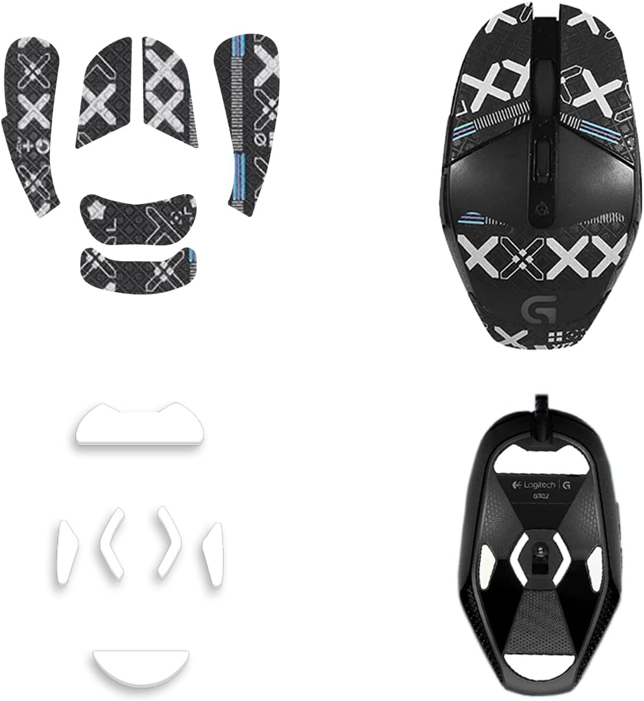 NOUKAJU Mouse Grip Tape Full Coverage for Logitech G303 and Logitech G302, Mouse Anti Slip Grip,Self-Adhesive Sweat-Resistant Professional Mice Upgrade Kit(Foot pad + Black Mouse Grip Tape)