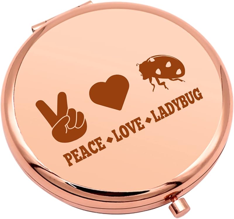 Espelho compacto dobrável Mwphuy com tema de joaninha, aço inoxidável, moldura rose gold, 1 unidade
