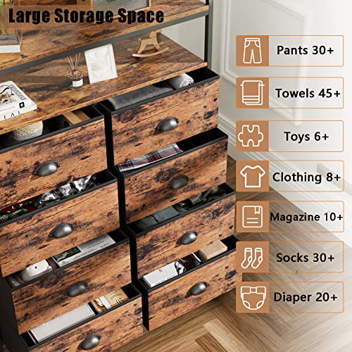 Furologee 8 Storage Drawers Dresser For Bedroom With Double Shelf Tall, Large Storage Organizer Unit For Closet,Living Room,Entryway, Wooden Top,Sturdy Metal Frame (Rustic Brown, 8 Drawers) #TOP4