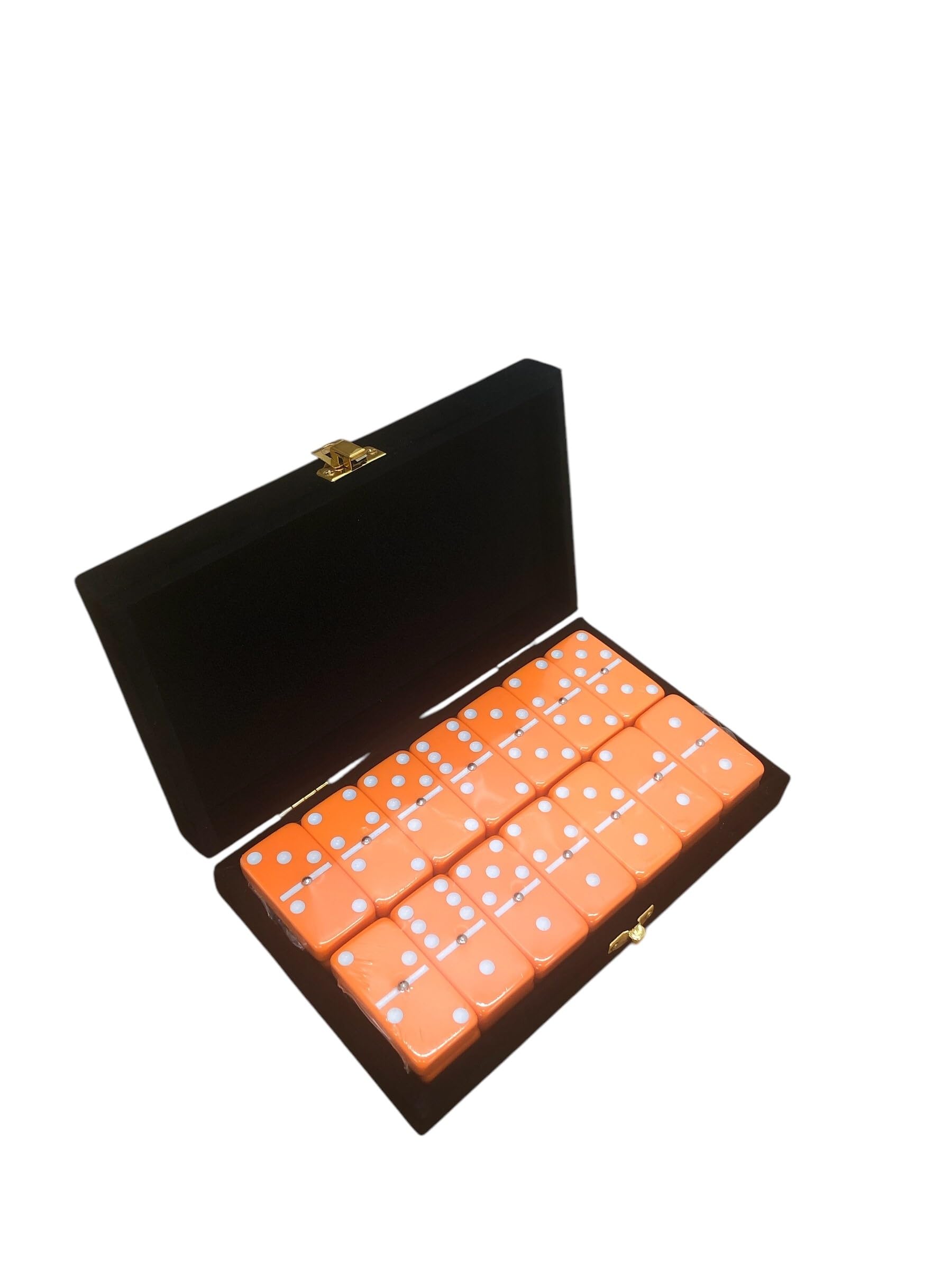 Marion Domino Double 6 Orange-White Spots Jumbo Tournament Professional Size with Spinners in Elegant Black Velvet Case.