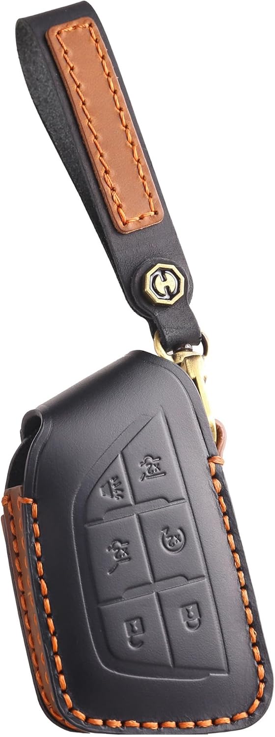 Genuine Leather 6-Button Key Fob Cover Case for Cadillac CT4 CT5 Escalade Lyriq 2020-2025, for Cadillac XT4 XT5 2025 2024 (Black)