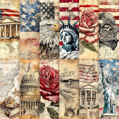 24 Sheets Retro 4th of July Scrapbook Paper Vintage Patriotic American Flags Stars Stripes Decorative Craft Paper Folded Flat for American 250th Birthday Card Making Photo Album Decor 12 x 12