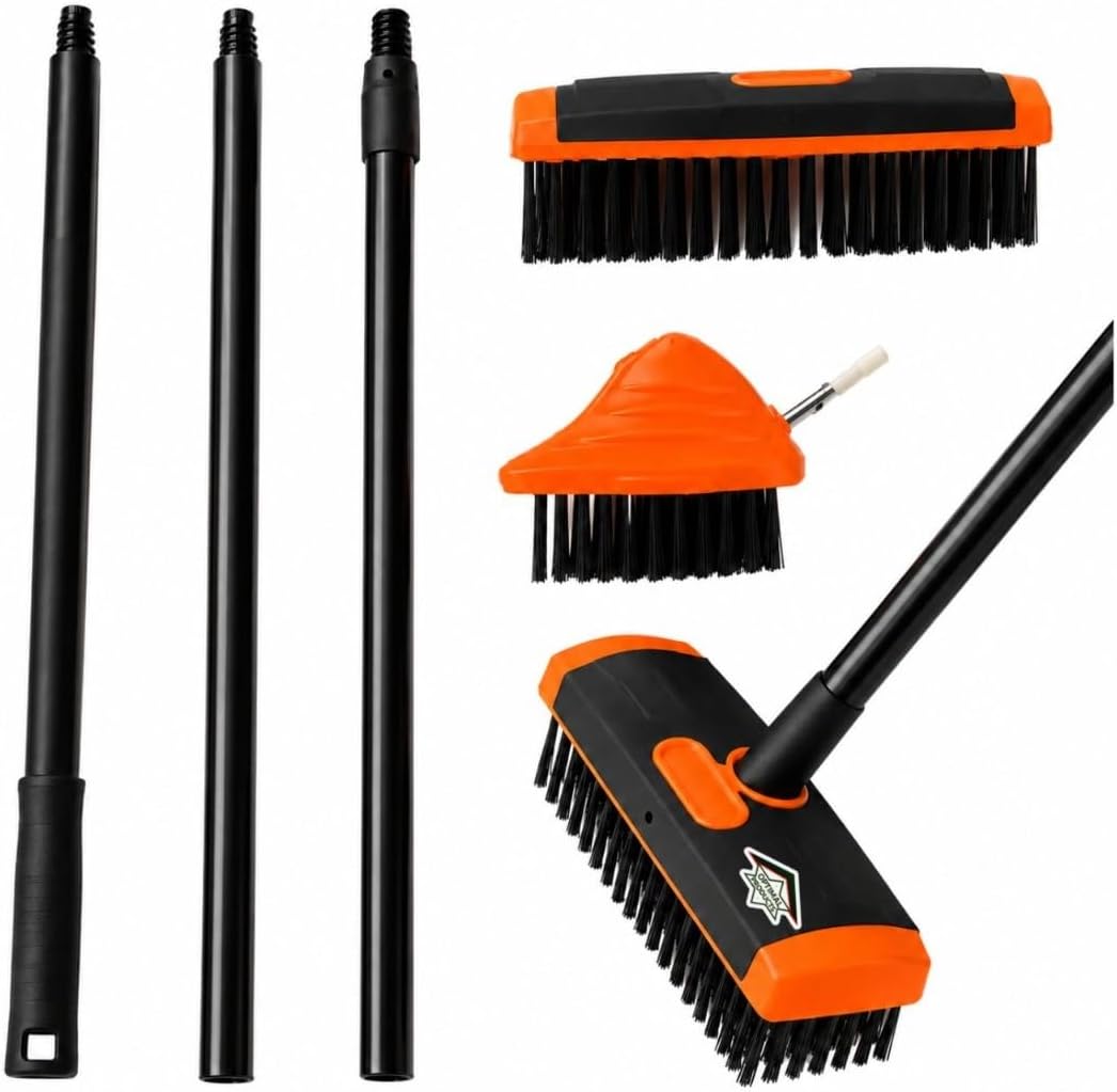 Weed Remover Tool Wire Brush Scraper Set Broom Twin Heads Set 3 in 1 Extendable Telescopic Handle Paving Garden Patio Cleaner Remove Weed & Moss from Block Path Patio and Driveway Orange