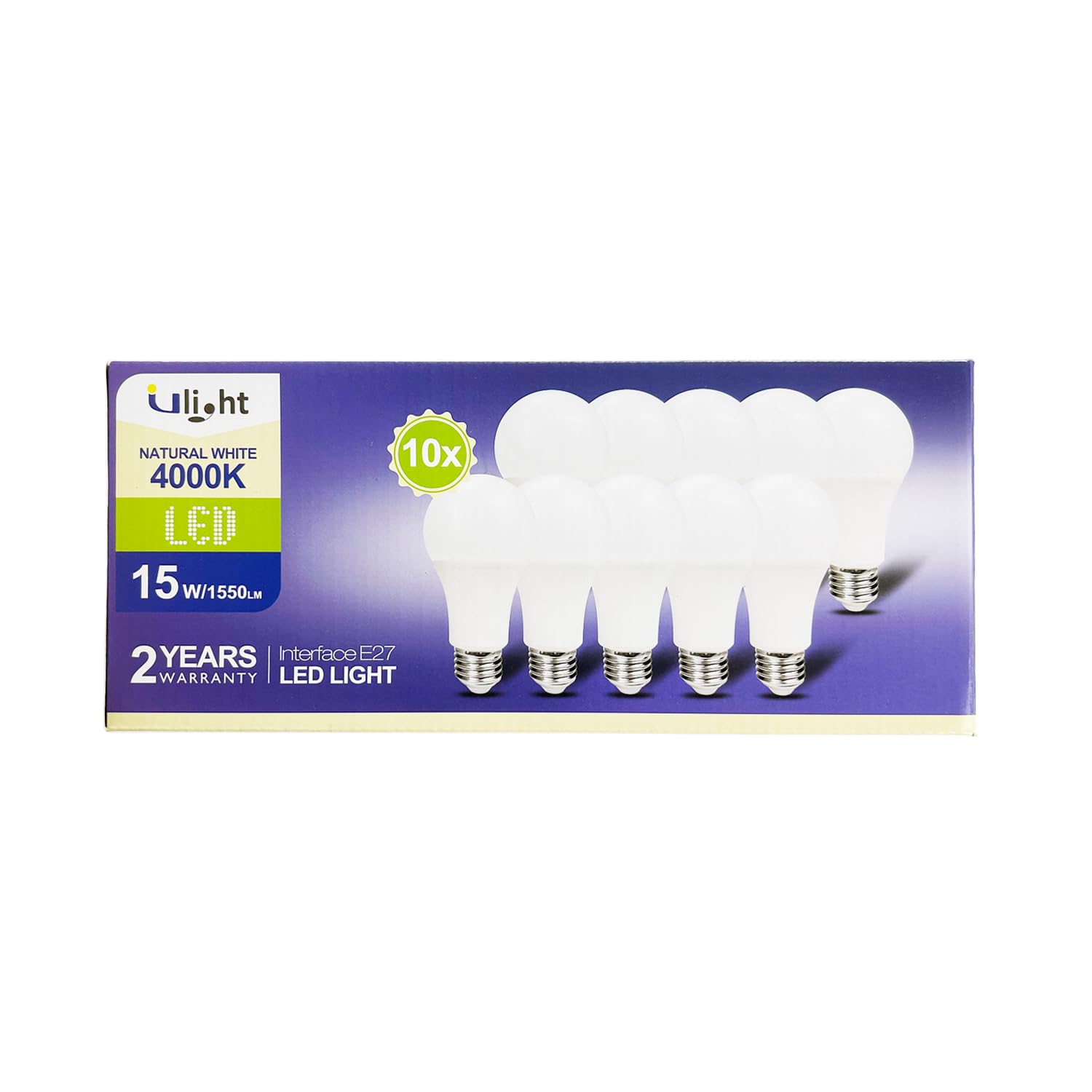 ULIGHT Lampadina LED A65 a Goccia da 15W, Equivalente Incandescente da 120W, Luce Bianca Naturale 4000K, 1550lm, Fascio Luce 170°, 220-240V Attacco E27, Confezione da 10