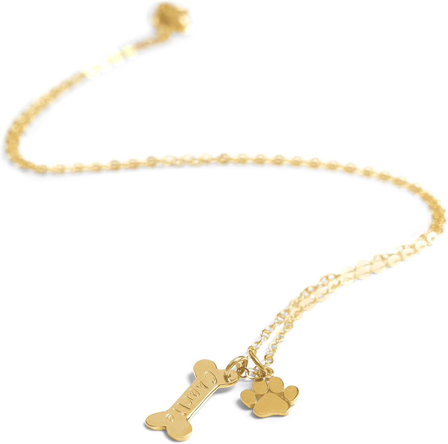 Personalized Dog Bone Necklace, Dog Name Jewelry, Gold or Sterling Silver, Paw Print Charm