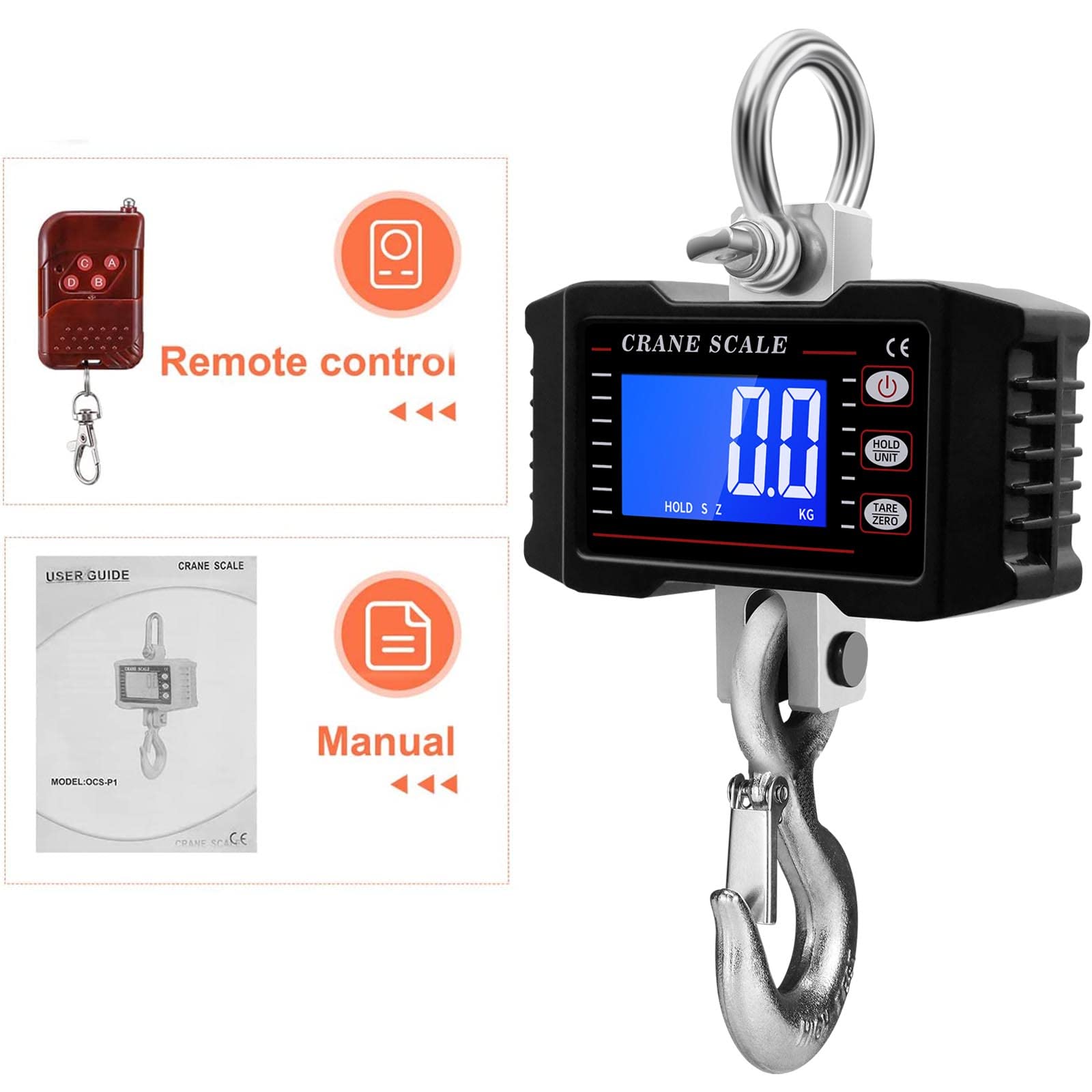 Digital Kranwaage 1T 1000KG 2200lbs, Elektronische Hängende Waage mit Fernbedienung, Schwere Typ Industrie Hängewaage Zugwaage Wiederaufladbare, Tragbare Wildwaage mit LCD Anzeige & Hohe Genauigkeit