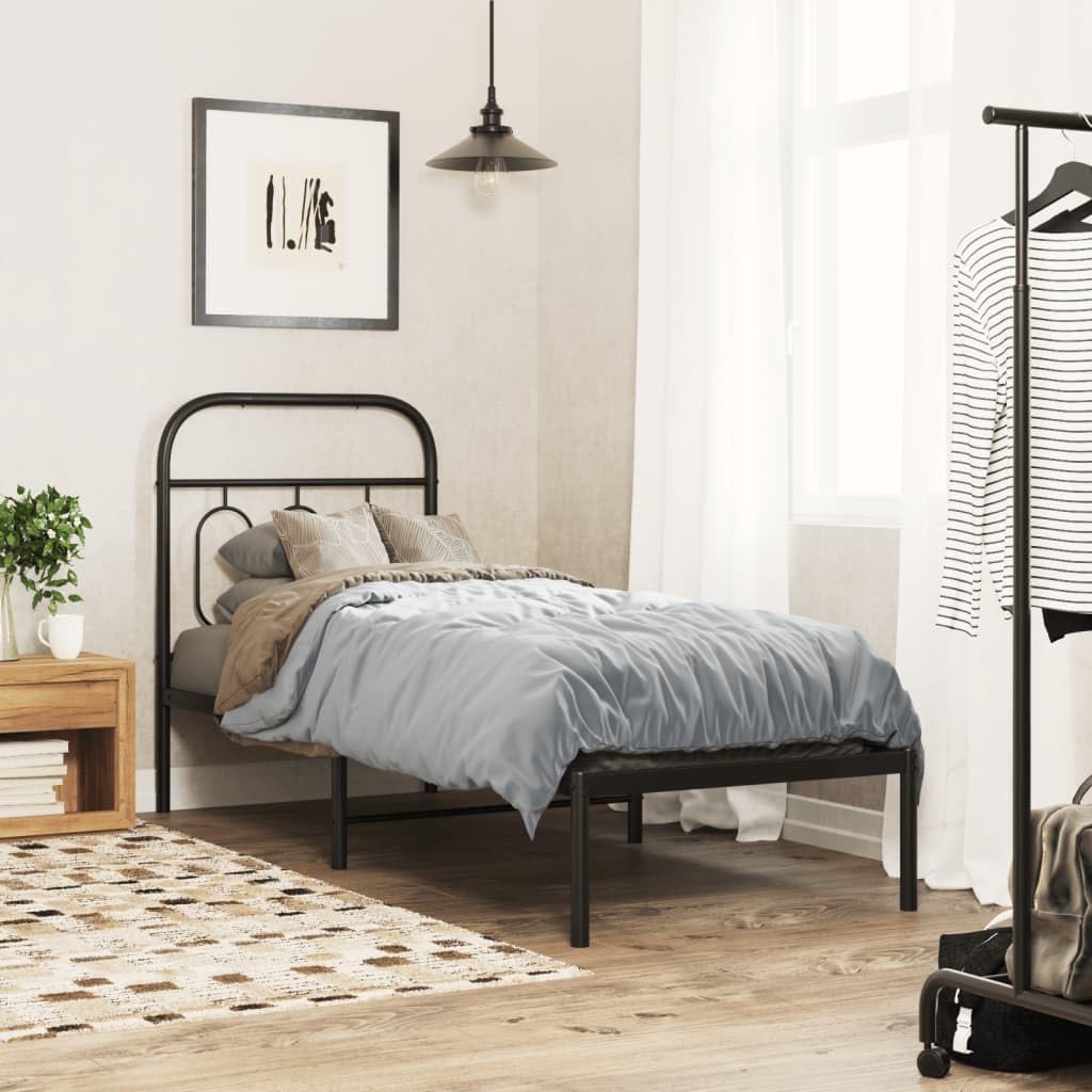 Black Metal Bed Frame 75x190 cm with Headboard | Features a steel slat platform that eliminates the need for a box spring and provides under-bed storage.